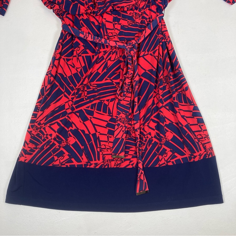 Sangria Red Navy Geometric Wrap  Dress V neck Size 14W Tie Dolman Sleeve - Picture 3 of 16